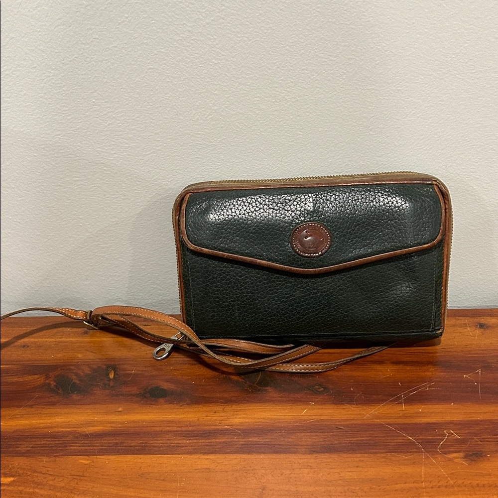 Dooney & Bourke Dark Green Leather Wristlet with Tan Trim